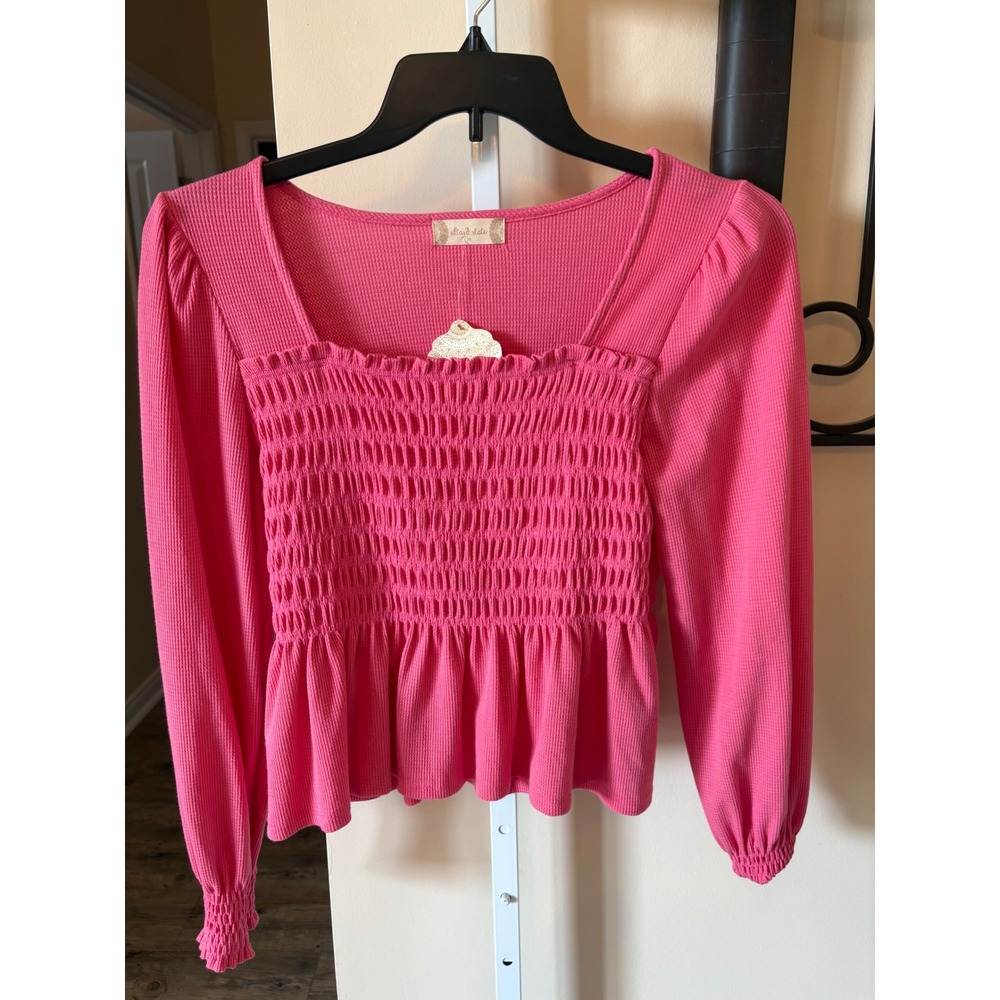 Altar'd State Hot Pink Waffle Knit Smocked Peplum Top Long Sleeve C12423AS-22